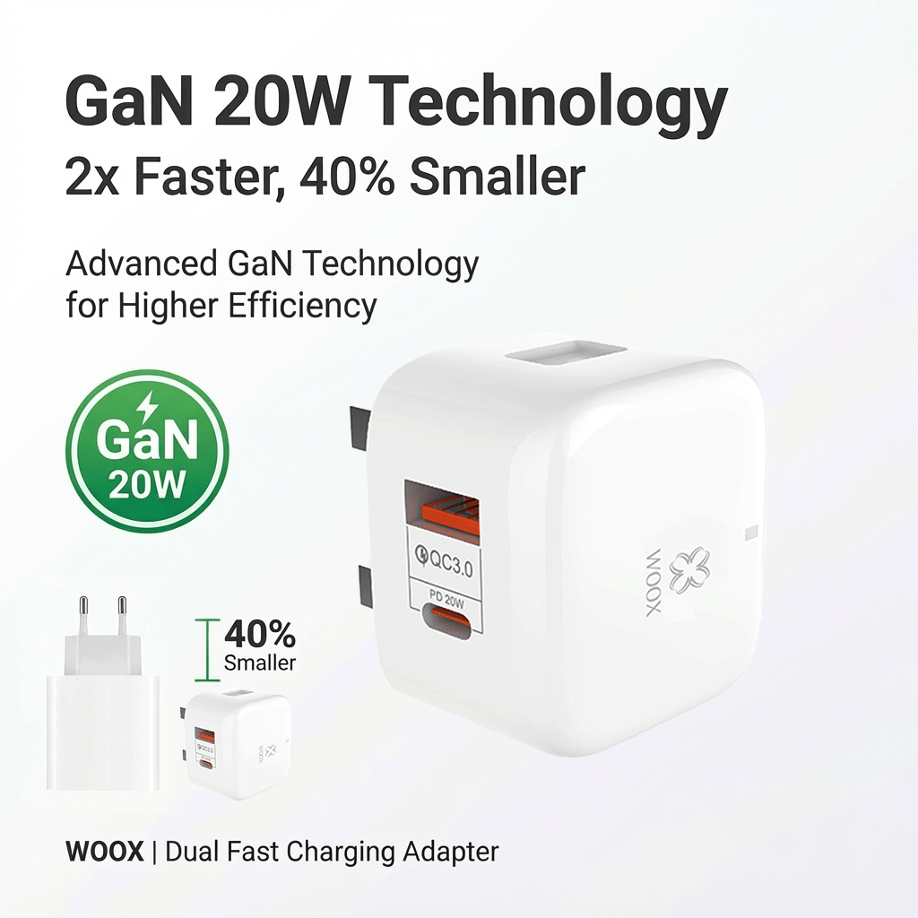 WOOX UK Wall Charger 20W Fast Charger, PD+QC Dual Port Adapter with Type-C to Lightning Cable, 5V/3A, White – for iPhone, Smartphones, Tablets, Home & Travel Use