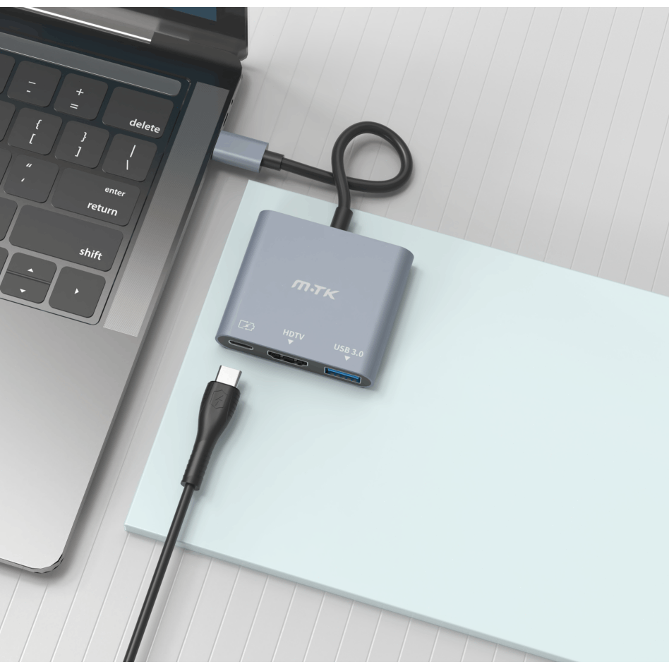 3-in-1 Type-C Hub Multifunction Adapter, supports 4K@60Hz HDTV input/output, 60W PD fast charging, with USB 3.0 port, 12cm, dark gray