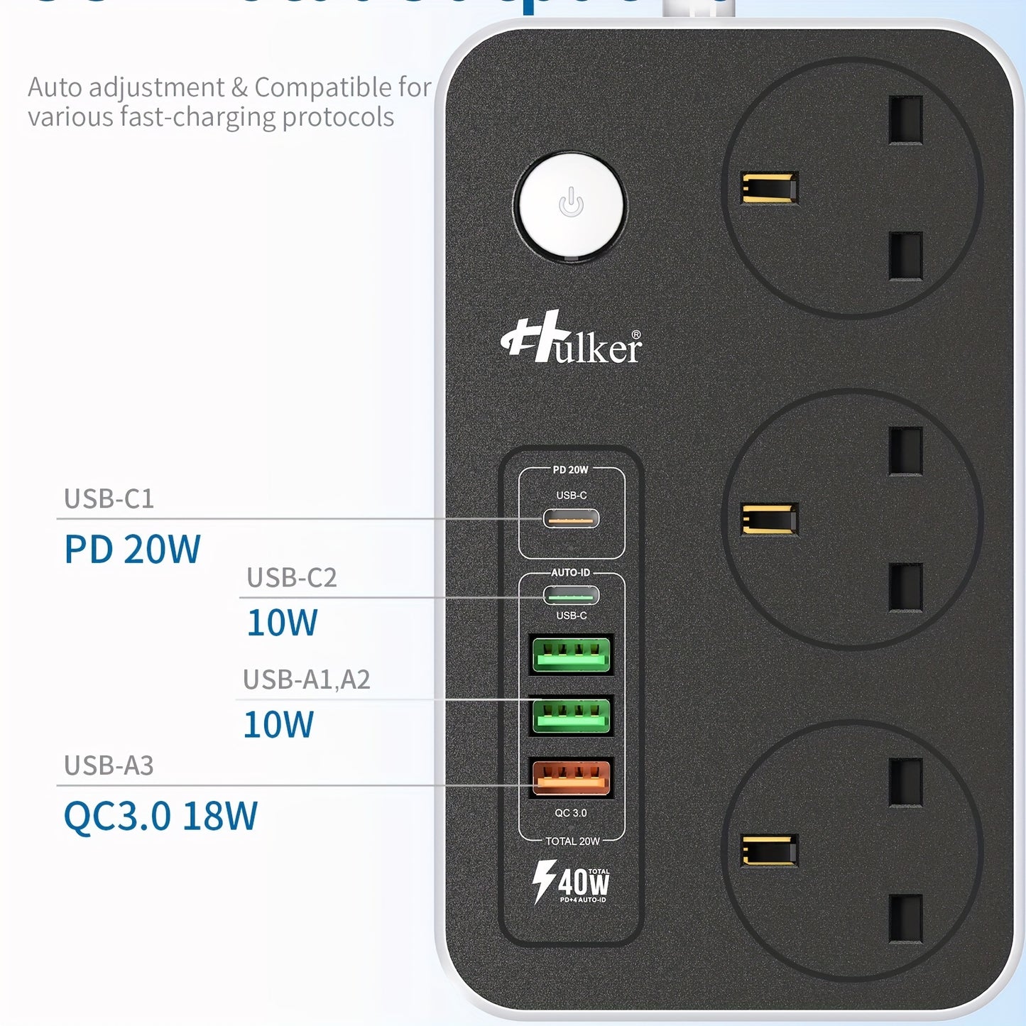 1pc Hulker 13A Power Strip Surge Protector with 3 UK Outlets, 5 USB Ports (1 PD 20W Type-C, 1 USB-C, 3 USB-A), 2m Extension Lead, On/Off Switch, 110V/220V Compatible, Rectangular Multi Plug Extension Socket with British Plug