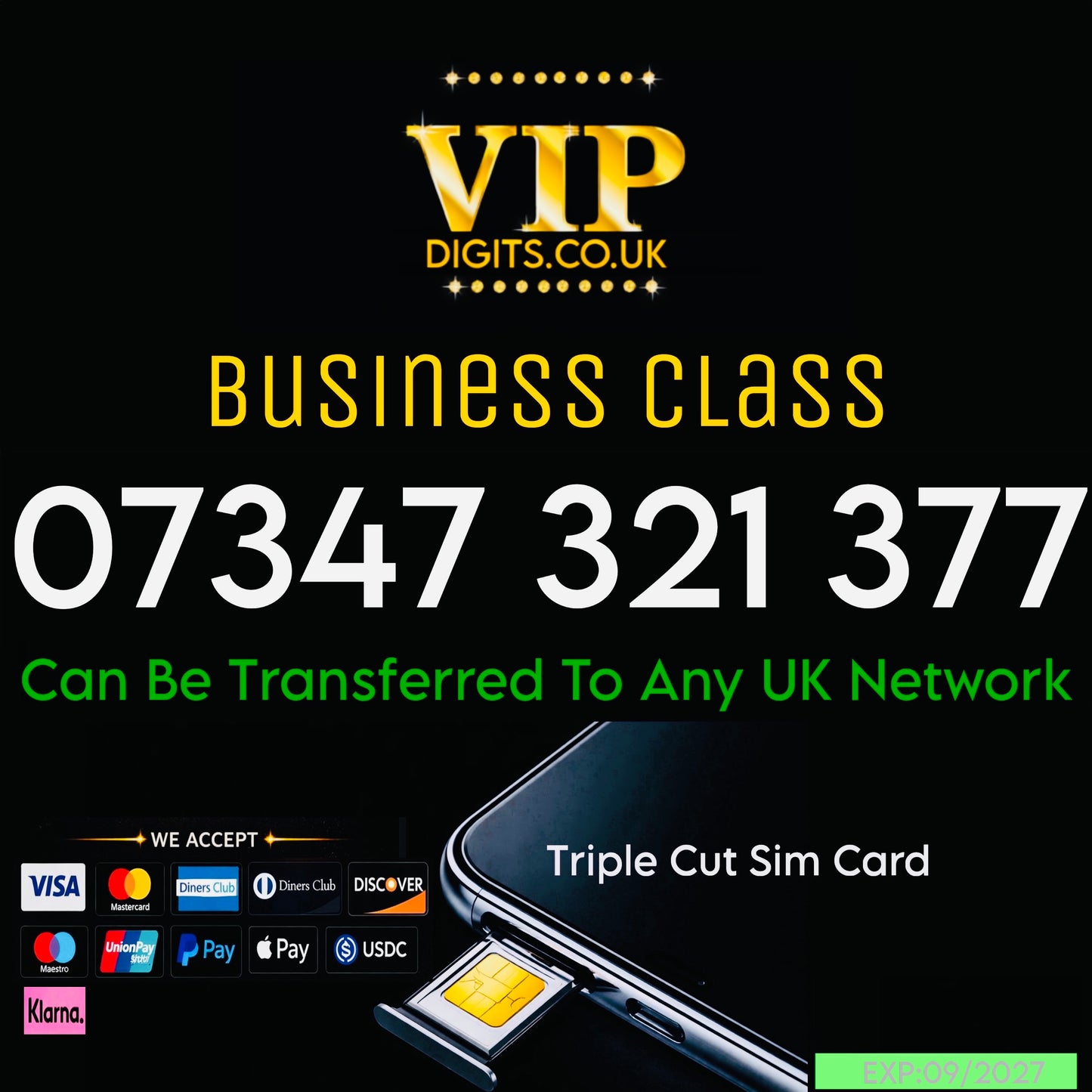 Premium UK Memorable Mobile Number – Gold “VIP” SIM Card (Easy to Remember) 07347 321 377