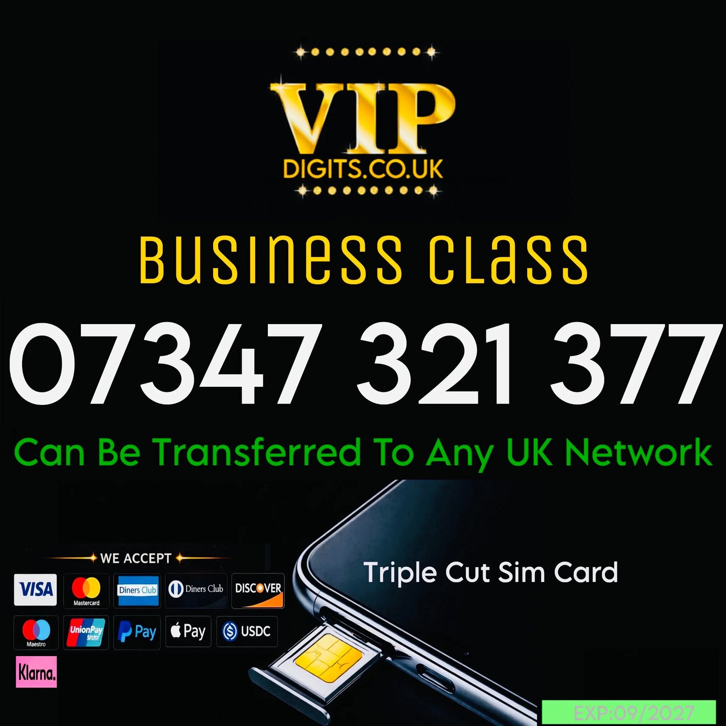 Premium UK Memorable Mobile Number – Gold “VIP” SIM Card (Easy to Remember) 07347 321 377
