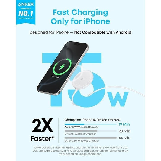 Anker Zolo Magnetic Wireless Charger, Qi2 Certified 15W -Compatible Wireless Charging Pad with 5 ft Built-In USB-C cable, For iPhone 16/15/14/13 Series, AirPods, and More (Adapter Not Included)