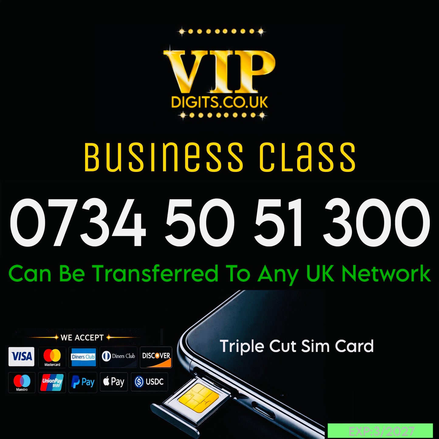 VIP Gold Mobile Number SIM Card UK – Easy-to-Remember Premium Phone Number 0734 50 51 300