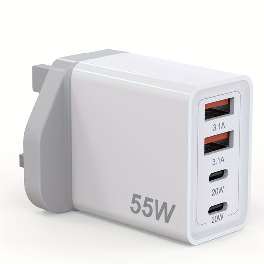 UK USB C And USB A Super Fast Charger Block, Phone Charger Fast Charging Blocks 55W, Multi Port Type C&USB Charger, 4-Ports USB A& QC Charging Cube Brick Power Adapter, Type C Wall Chargers for Phone Pad