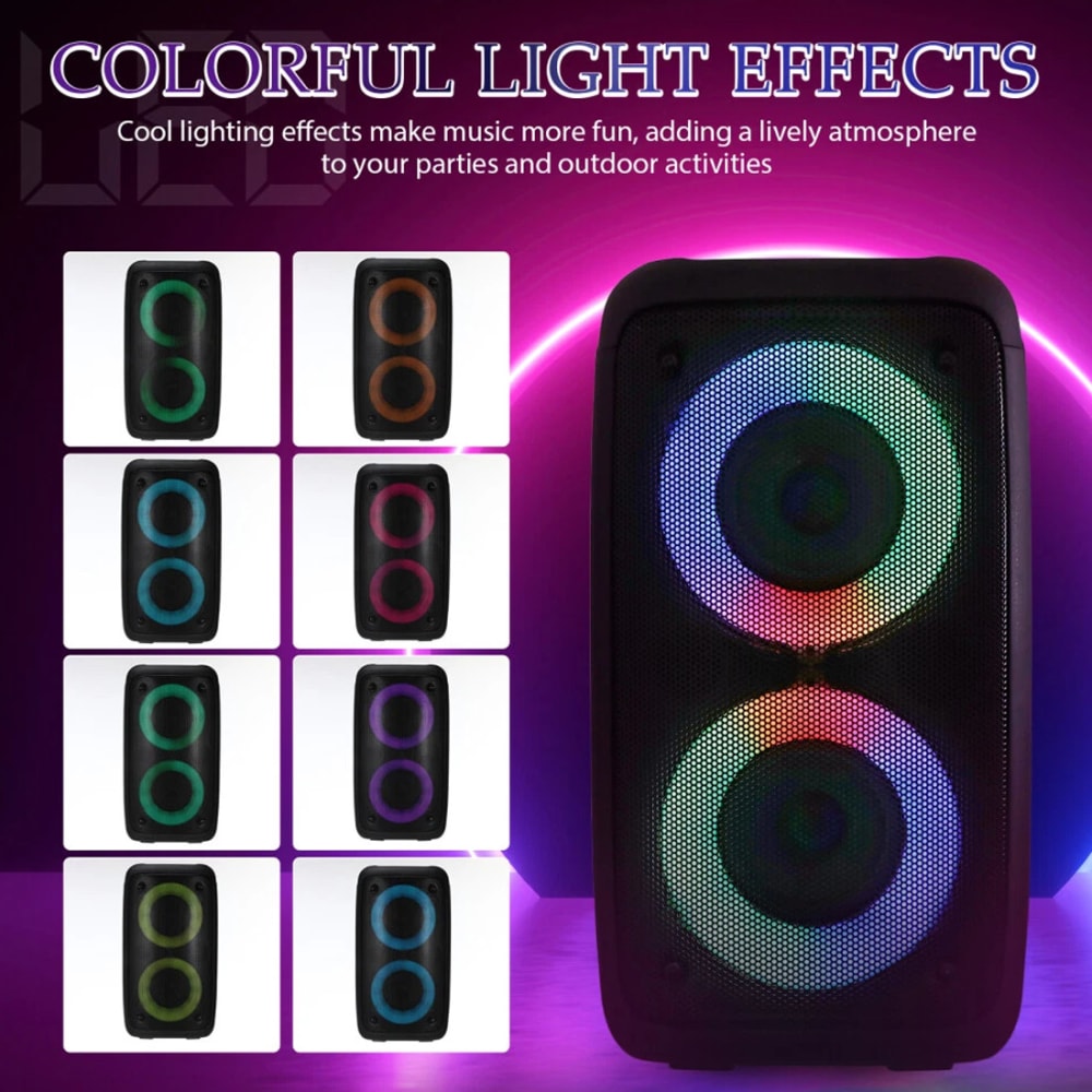 Portable Stereo Bluetooth Speaker, Loud Sound with Deep Bass, Shoulder Strap Design, LED Light Modes and Microphone for Gatherings