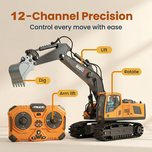 [Alloy RC Excavator] 1:20 Scale Alloy RC Excavator - 2.4Ghz 11CH with 360° Rotation, Realistic Simulation, Lights & Sound, Premium Dual-Layer Packaging (Perfect Christmas Gift for Teens)