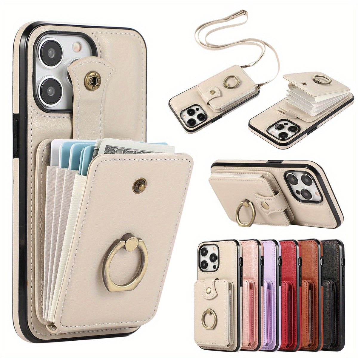 for iPhone 17/16e/ 16/ 15/ 14/ 13/ 12/ 11 Pro Max SE 2020/ SE 2022/ X/ XS/ XR/ XS Max 16 Plus 15 Plus 14 Plus 7 8 Plus 17 Air Case Wallet with Card Holder, 360°Rotation Finger Ring Holder Kickstand, RFID Blocking Protective Shockproof Cover