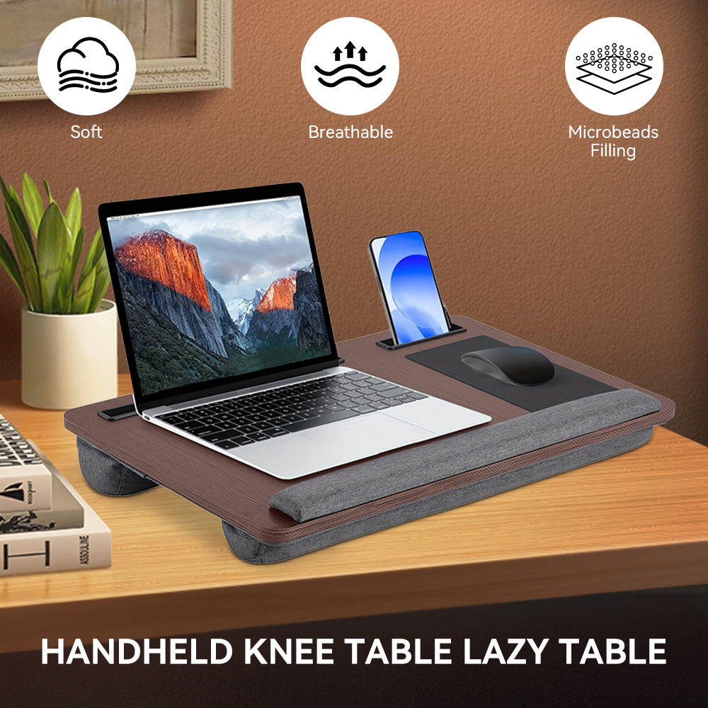 Wooden Laptop Tray for Sofa Bed, Lap Desk 55x34cm with Pillow Cushion, Portable Lapdesk with Handy Handle and Mouse Pad, Fits Up To 17.3" Laptop,with Portable Mini Device Stand for Dormitory, Room, and Home Office