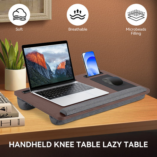 Wooden Laptop Tray for Sofa Bed, Lap Desk 55x34cm with Pillow Cushion, Portable Lapdesk with Handy Handle and Mouse Pad, Fits Up To 17.3" Laptop,with Portable Mini Device Stand for Dormitory, Room, and Home Office