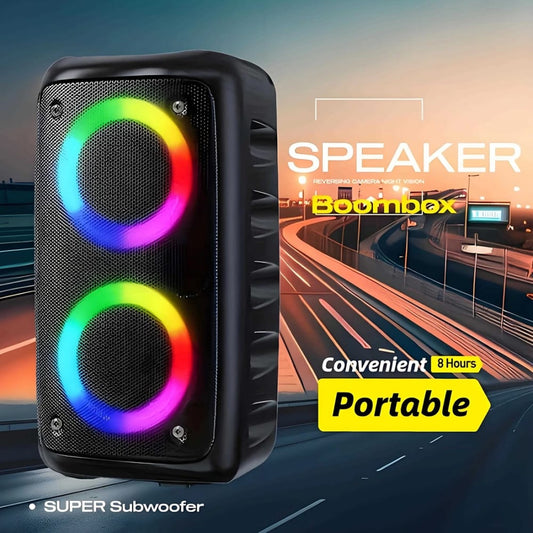 Portable Stereo Bluetooth Speaker, Loud Sound with Deep Bass, Shoulder Strap Design, LED Light Modes and Microphone for Gatherings