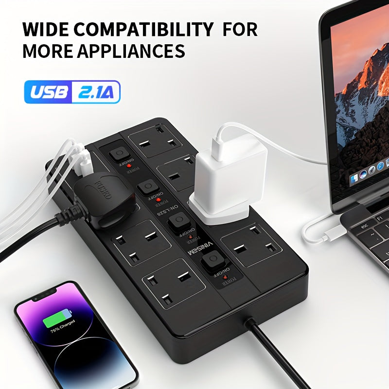 [10-in-1 Power Socket] 10-in-1 Power Socket | Surge Protector, 3250W, 13A, 7 AC Sockets, 3 USB Ports | Portable, Split Control, Overload Protection | For Home, Kitchen, Office, Hotel