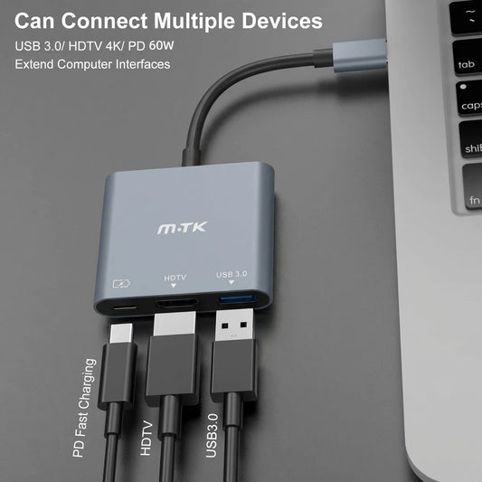 3-in-1 Type-C Hub Multifunction Adapter, supports 4K@60Hz HDTV input/output, 60W PD fast charging, with USB 3.0 port, 12cm, dark gray