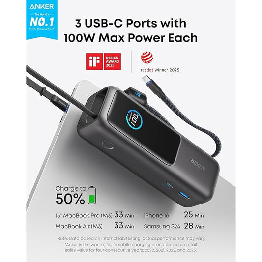 Anker Laptop Power Bank, 25, 000mAh Portable Charger with Triple 100W USB-C Ports for Multi-Device Charging, Built-In and Retractable Cables, For iPhone 16/15 Series, Samsung, and More