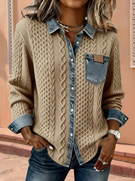 [Denim Patchwork Jacket] Women's Denim Patchwork Jacket - Long Sleeve Stand Collar Button Up Cardigan, Spring/Summer Style, Perfect for Casual Or Commuting Outfits, All Seasons Wear