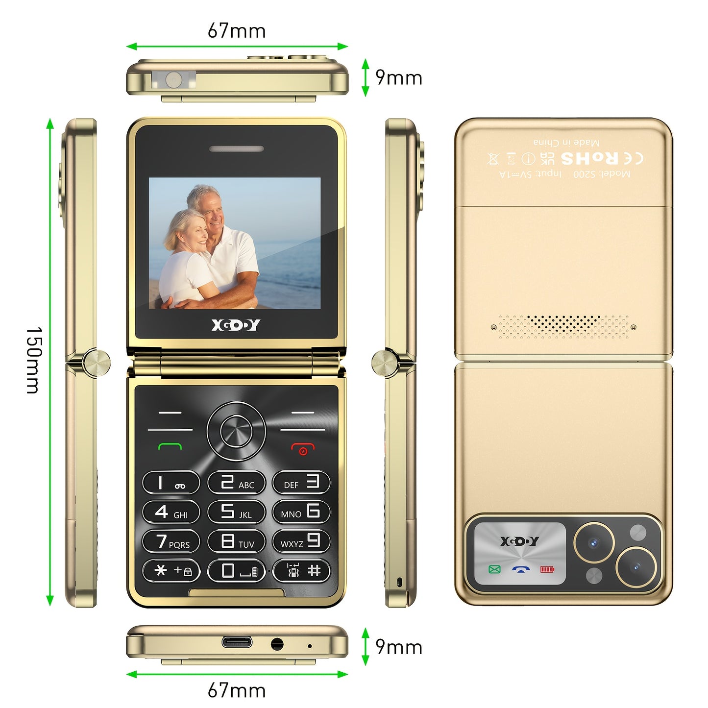 XGODY S200 Essential Mobile Phone for Seniors | Unlocked Flip Phone Featuring Large Buttons & 6.1Cm Screen | SOS Emergency Feature | FM Radio | Durable 1300Mah Battery | Expandable Storage Up to 128GB | Golden Color with Complimentary Case & Strap