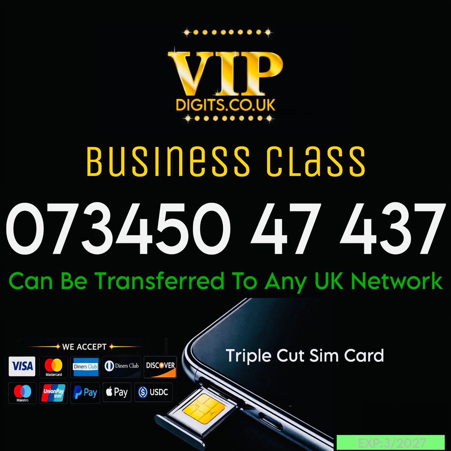 VIP Gold Mobile Number SIM Card UK – Easy-to-Remember Premium Phone Number 07345047437.