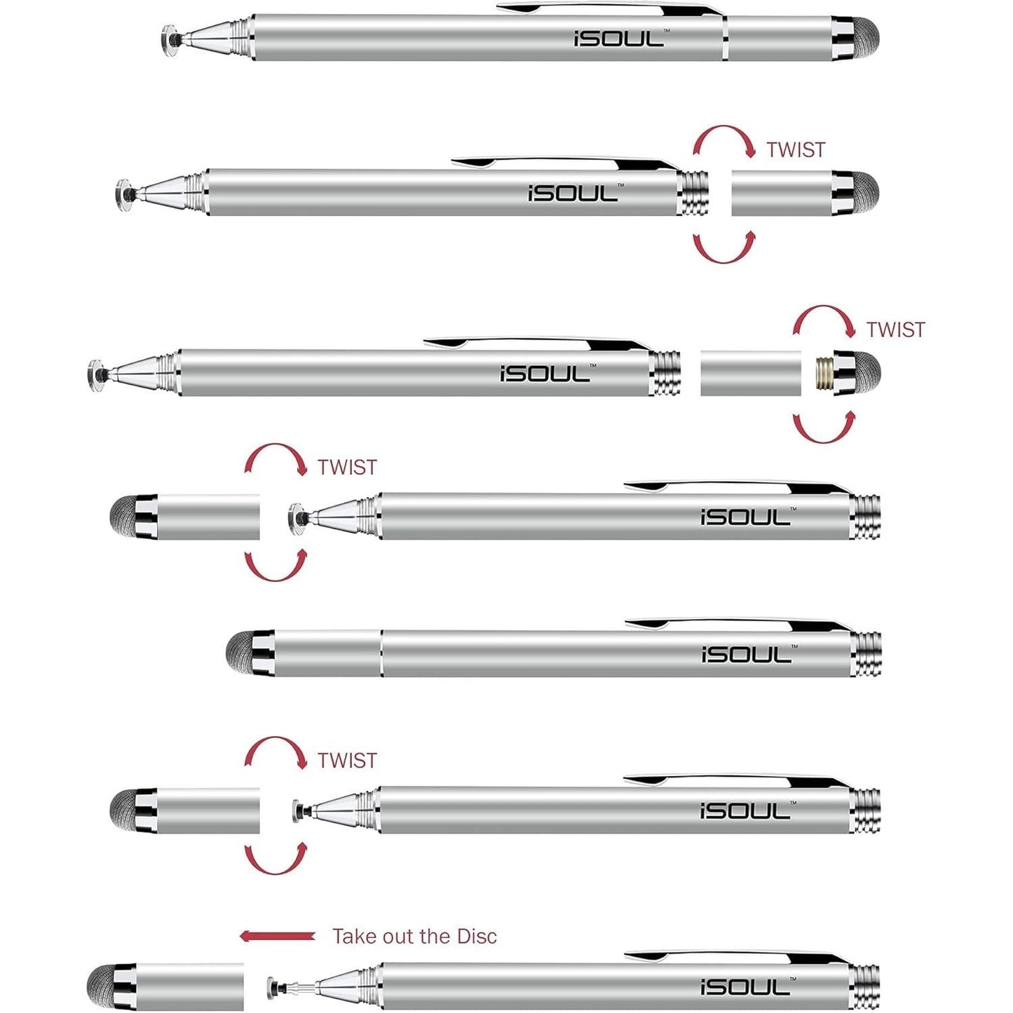 iSOUL Fine Tip Stylus Pen Silver 2-in-1 Universal Capacitive Disc Stylus for Touch Screens Precision Writing & Drawing Pen