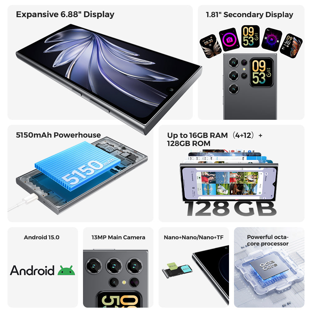 OUKITEL C62 SE Dual Screen Smartphone | 6.88" HD Main & 1.81" Classic Front Screen | 16 (4+12)GB RAM + 128GB ROM | 5150mAh Battery | Android 15, Fingerprint Unlock/Dual SIM/Dual Screen, 2026, New Year Gifts