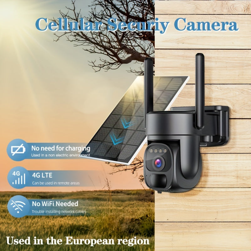 3G/4G LTE EU Cellular Security Camera Solar with SIM Card (Verizon AT&T T-Mobile), Wireless Outdoor No WiFi Security Camera, PTZ Night Vision Motion Detection 2 Way Talk SD&Cloud Storage(Support Europe Coutries Only)
