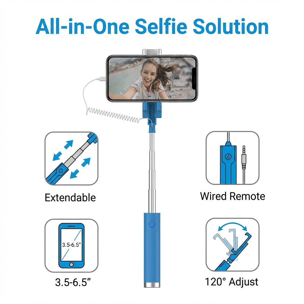 Selfie Stick Monopod - Telescopic Wired Mobile Phone Holder, 3.5mm Jack Handle Photos | Ready To Use Just Connect To Phone