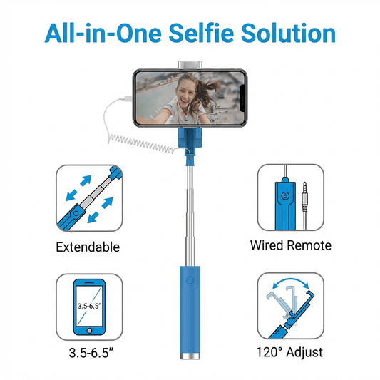 Selfie Stick Monopod - Telescopic Wired Mobile Phone Holder, 3.5mm Jack Handle Photos | Ready To Use Just Connect To Phone