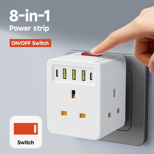 [For Computers, Wall Use] 8-in-1 UK Power Strip | 3 AC Outlets, 3 USB Ports, 2 Type-C Ports | Master Switch, Home, Office, Travel, White & Black