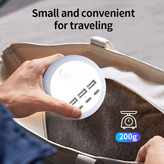 8-Color Lights Round Rollable Travel Charger with (3 USB-A) (3 TYPE-C), 1.25M/4Ft Power Cord, Convenient for Travel Carrying, Suitable for Home/Office/Travel