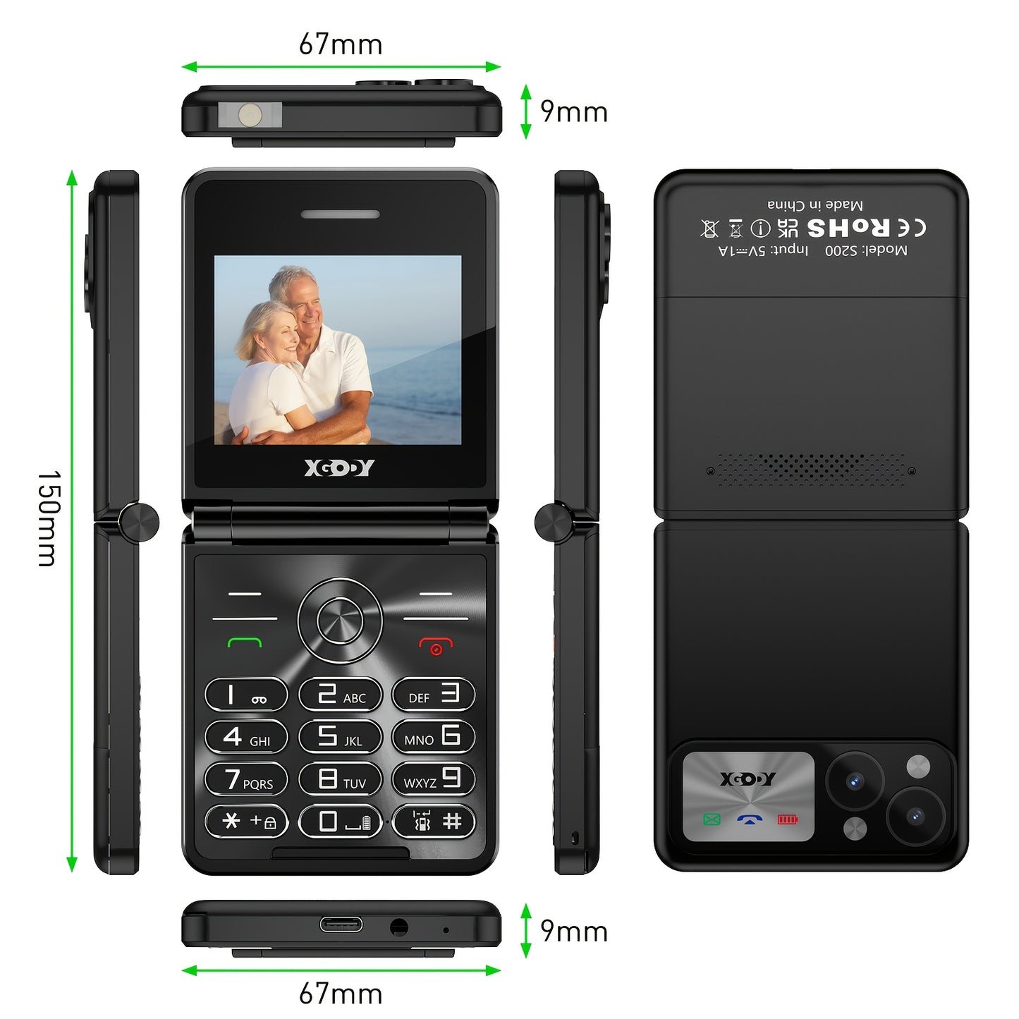 XGODY S200 Senior Mobile Phone, Unlocked Flip Phone with 2.4" Color Display, Large Buttons, SOS Button, FM Radio, Flashlight, 1300mAh Battery, Dual SIM, Loud Volume, Expandable Memory (128GB) - Black