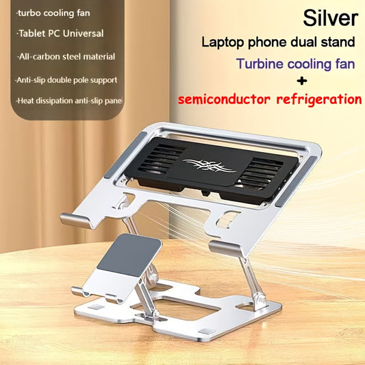 2-in-1 (Compatible with 5 Devices) Carbon Steel Laptop & Tablet Stand - Heavy-Duty Foldable Adjustable Height & Angle Phone Holder, Cooling Ventilation System, Portable for projectors, Smartphones, Laptops, Tablets - -Free Setup,