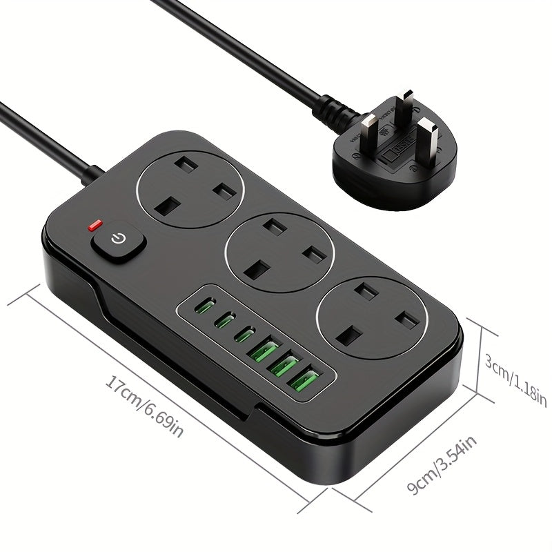 9-in-1 Power Strip Surge Protector, Power Socket/ Power Board/ Extension Cord, 3250W, 13A, Portable Power Socket, Overload Protection, 3 AC Power Sockets, 6 USB Ports, Suitable for Home, Kitchen, Office Or Hotel Use