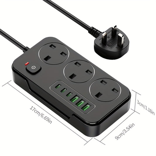 9-in-1 Power Strip Surge Protector, Power Socket/ Power Board/ Extension Cord, 3250W, 13A, Portable Power Socket, Overload Protection, 3 AC Power Sockets, 6 USB Ports, Suitable for Home, Kitchen, Office Or Hotel Use
