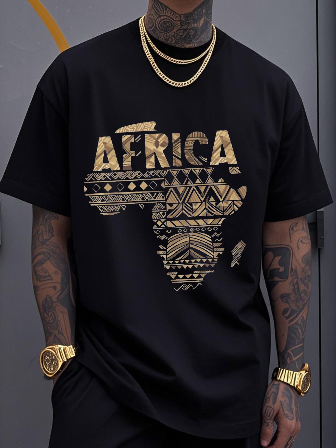 Men'S African Tribal T-Shirt - Black & Golden Africa Map with Tribal Patterns & African Flag Colors (Green/Yellow) - Breathable Short Sleeve Shirt for Gym, Travel, Casual Wear - All-Season Fit with Nigerian/ Ghanaian/ Kenyan Letter