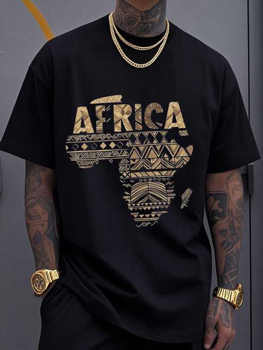 Men'S African Tribal T-Shirt - Black & Golden Africa Map with Tribal Patterns & African Flag Colors (Green/Yellow) - Breathable Short Sleeve Shirt for Gym, Travel, Casual Wear - All-Season Fit with Nigerian/ Ghanaian/ Kenyan Letter