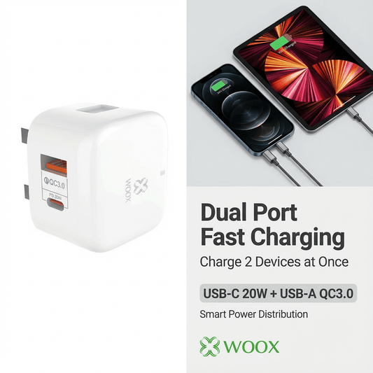 WOOX UK Wall Charger 20W Fast Charger, PD+QC Dual Port Adapter with Type-C to Lightning Cable, 5V/3A, White – for iPhone, Smartphones, Tablets, Home & Travel Use