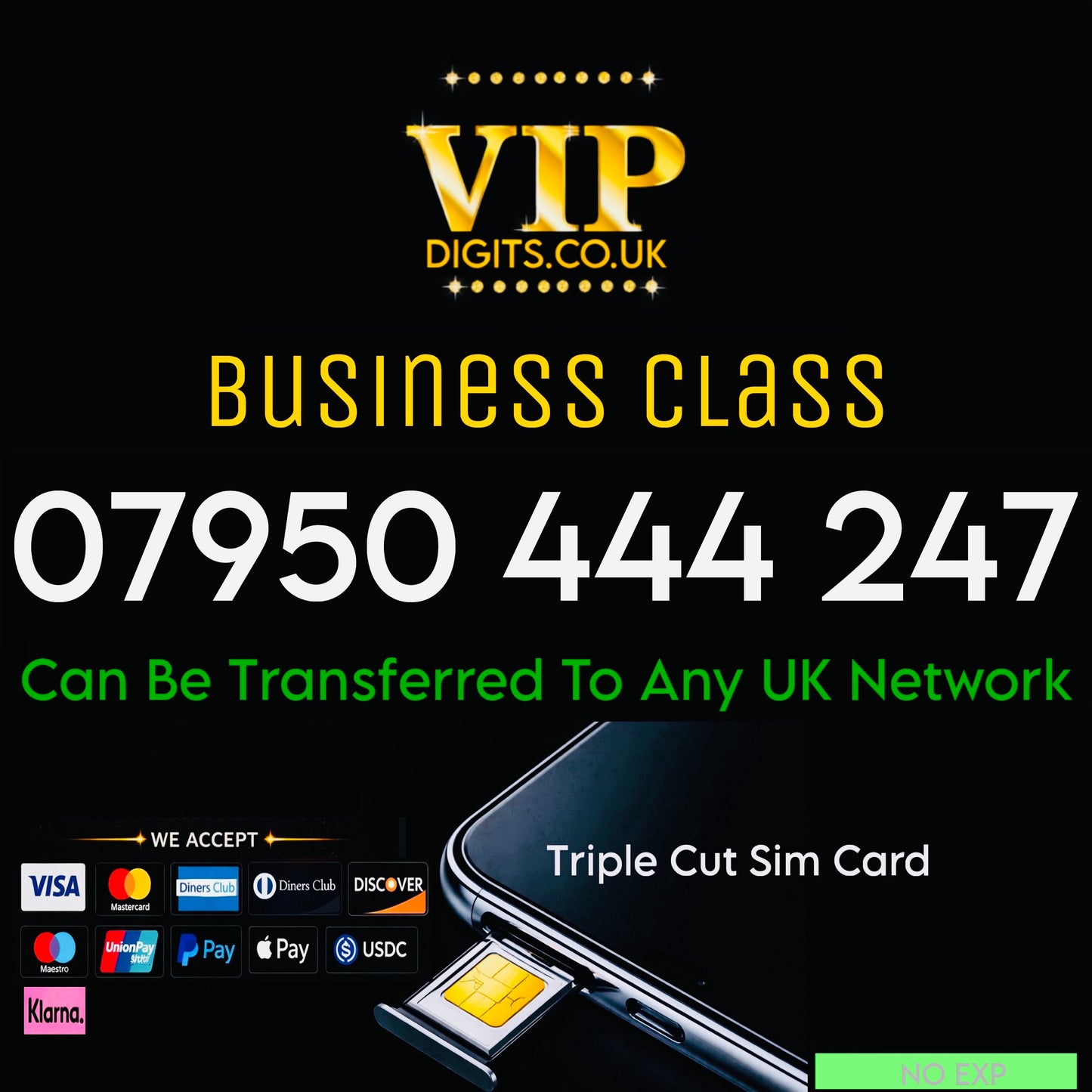 VIP Easy To Remember Golden UK & Europe Sim Card Mobile Phone Number - Platinum Mobile Number For Personal and Business 07950 444 247
