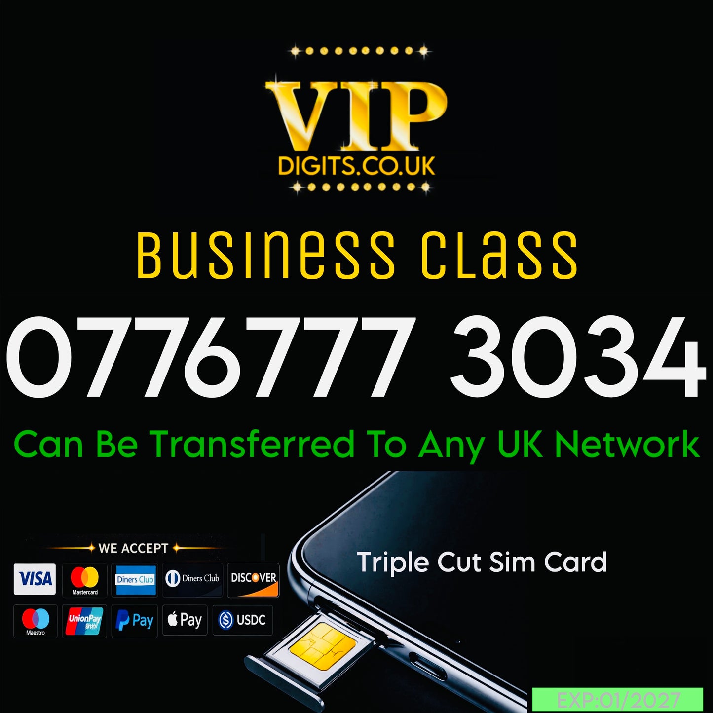VIP GOLD MOBILE PHONE SIM CARD EASY VIP MEMORABLE NUMBER DIAMOND PLATINUM | 07767773034