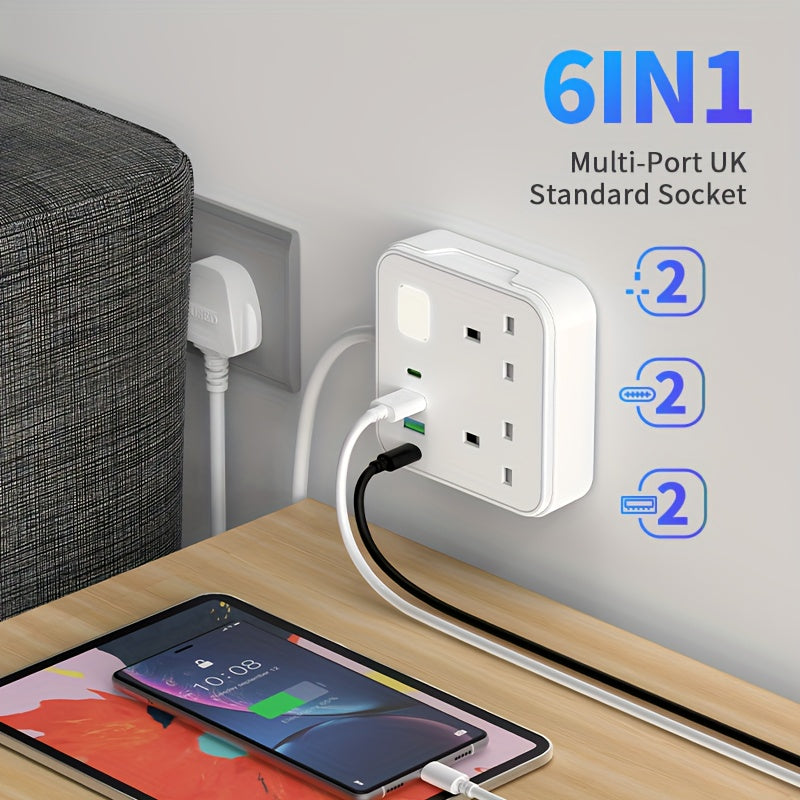 1pc a 6-In-1 Power Board Featuring a Power Socket And Power Strip, with an Extension Length of 1.8 Meters. It Includes 2 AC Sockets, Supports a Maximum Power of 3250W at 13A, And Has 2 USB Ports Along with 2 Type-C Connections. Additionally