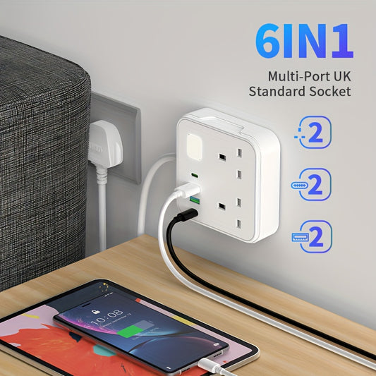 1pc a 6-In-1 Power Board Featuring a Power Socket And Power Strip, with an Extension Length of 1.8 Meters. It Includes 2 AC Sockets, Supports a Maximum Power of 3250W at 13A, And Has 2 USB Ports Along with 2 Type-C Connections. Additionally
