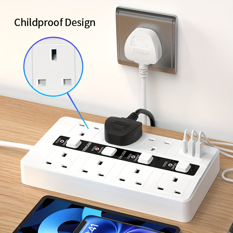 [10-in-1 Power Socket] 10-in-1 Power Socket | Surge Protector, 3250W, 13A, 7 AC Sockets, 3 USB Ports | Portable, Split Control, Overload Protection | For Home, Kitchen, Office, Hotel