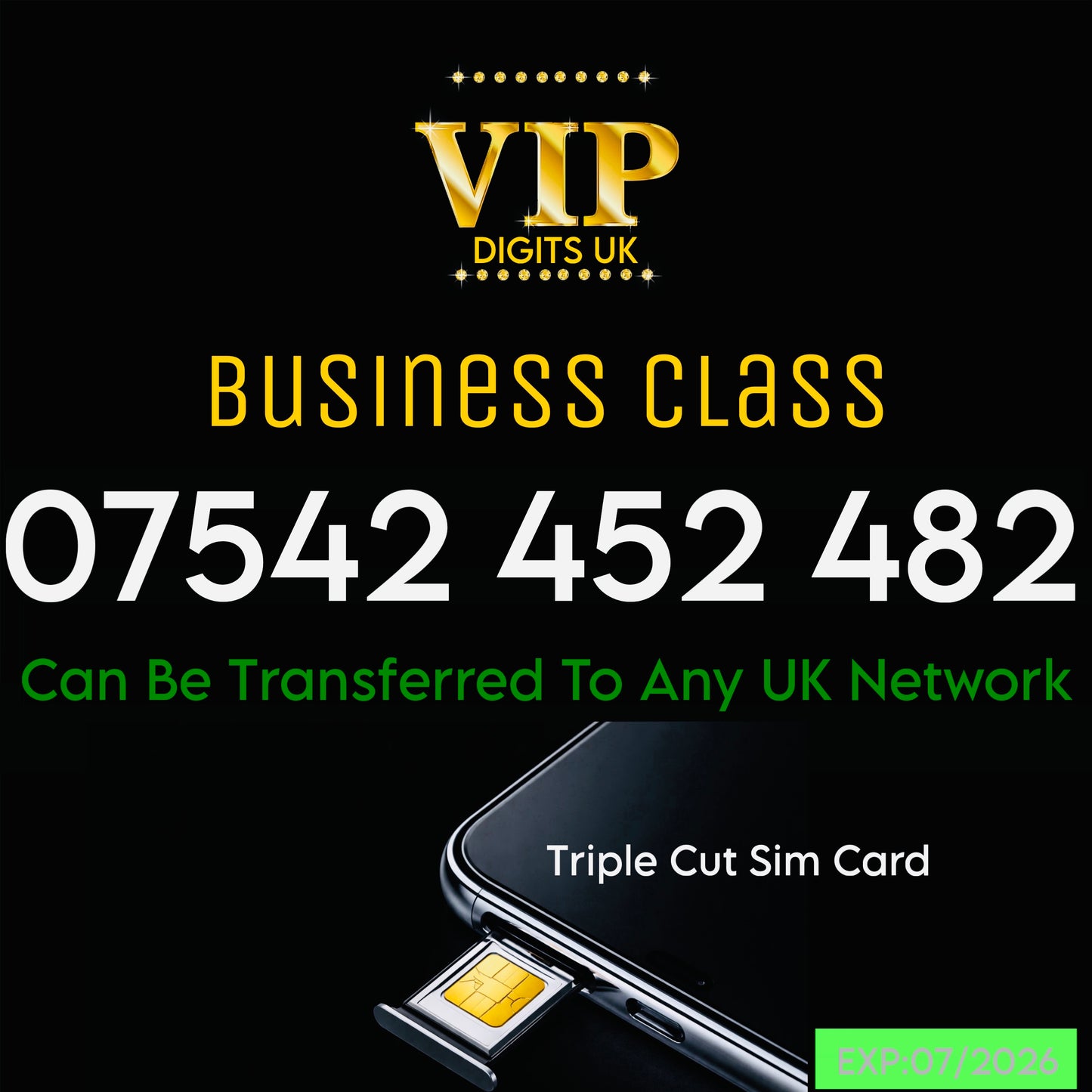 GOLD BUSINESS/PERSONAL VIP EASY MEMORABLE MOBILE PHONE NUMBER SIM CARD 07542452482