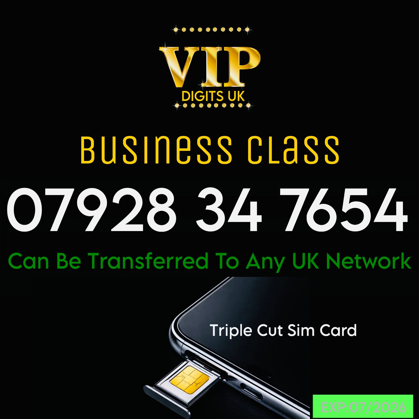 VIP GOLD MOBILE PHONE SIM CARD EASY VIP MEMORABLE NUMBER DIAMOND PLATINUM 07928 34 7654
