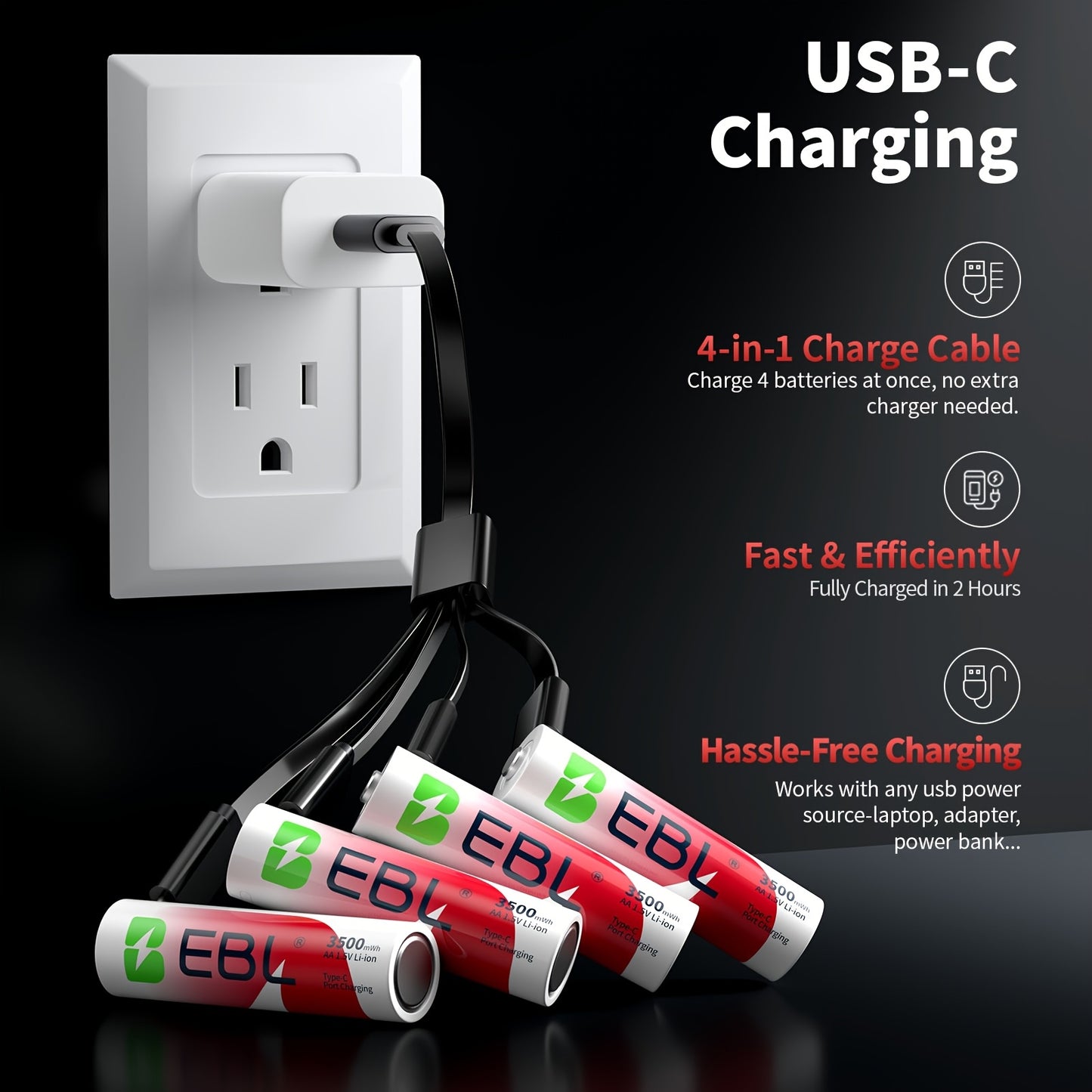EBL 1.5V Lithium AA Rechargeable Battery - 3500mWh High Capacity with 4-in-1 USB-C Charging Cable, USB-C AA Battery, No Charger Needed to Charge Anywhere, Rechargeable Lithium Batteries Aa, Rechargeable Battery Aa, Rechargeable Aa Batteries