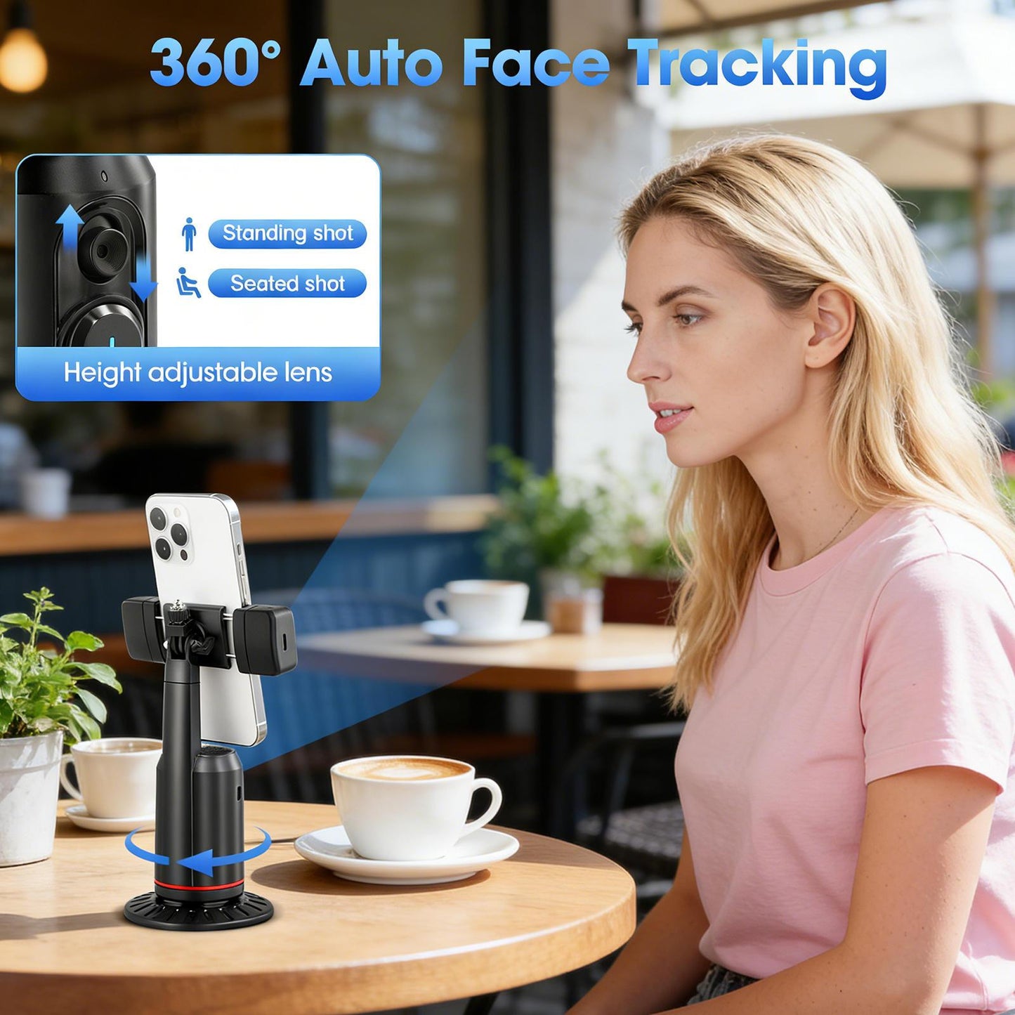 Car Face Tracking Tripod, 360° Rotation Phone Stand, Gesture Control, Intelligent Recording Camera Tripod with Selfie Light and Remote Control for Live Vlog Streaming Video