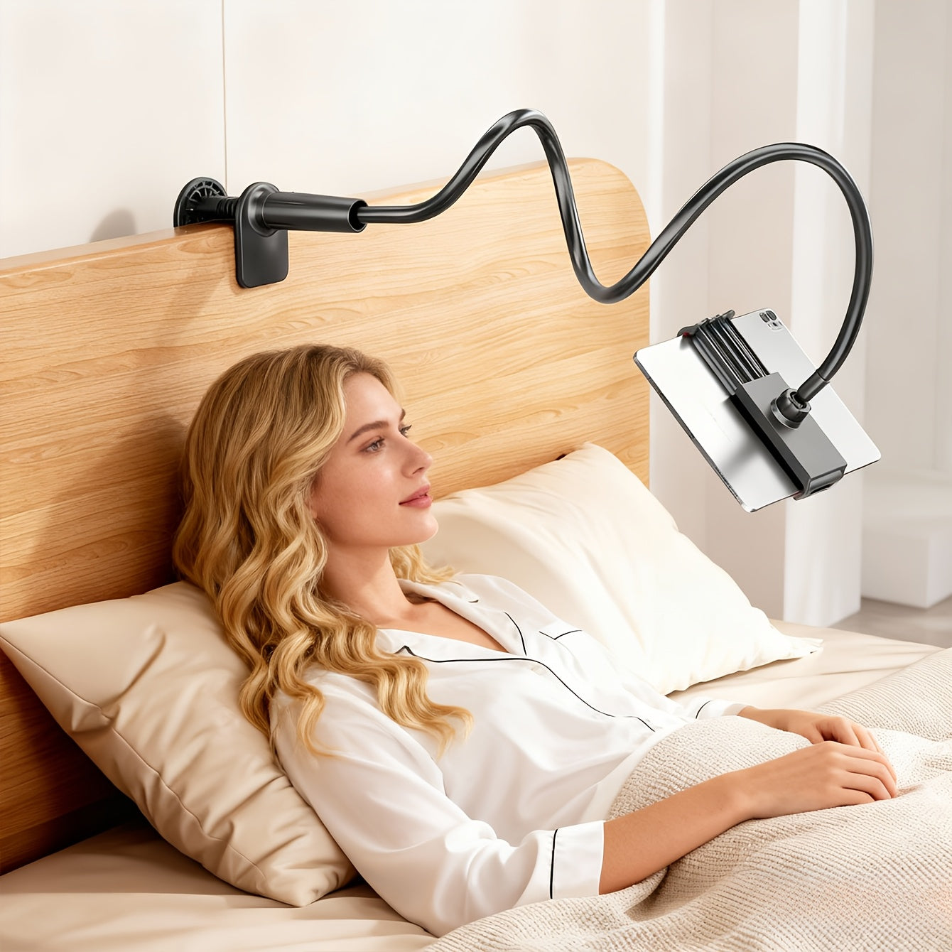 Premium Universal Phone & Tablet Holder, 360° Rotatable & Adjustable. Multi-Purpose Bendable Clip-On Stand for Bedside & Desk Use, Available in Black & White. Constructed with Plastic & Metal Hose for Durability.