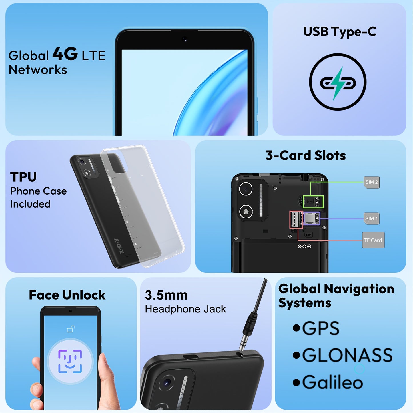Xgody Mobile Phone X32, Android 14 Octa-core SIM-free Unlocked Smartphone With 5.5-inch Display, 2850mAh Battery, 4G Dual SIM, 4(2+2)GB+16GB/128GB Expandable, 8MP+5MP Camera Facial Recognition UK Version (Blue)