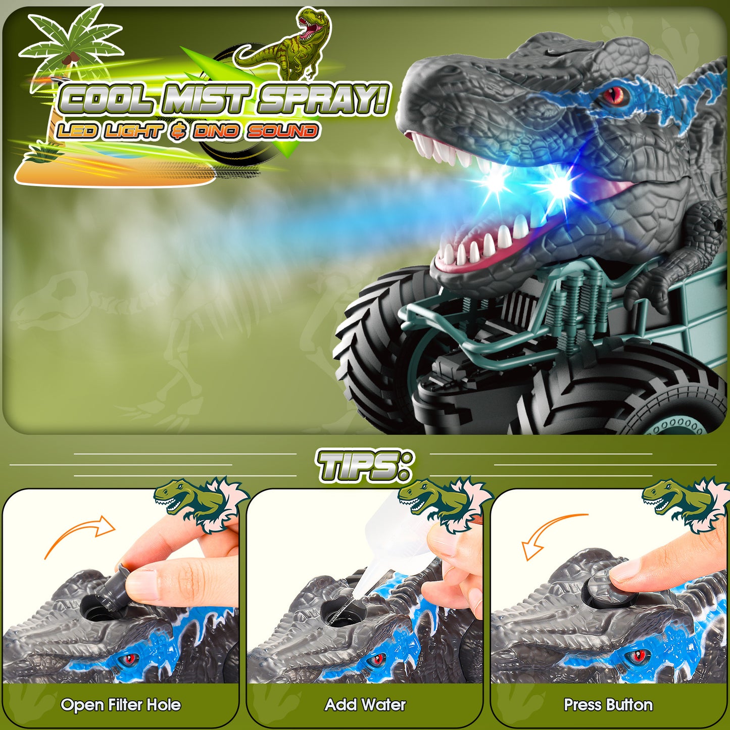 Dinosaur Toys for Boys, 1:16 Scale Remote Control Monster Truck Toys with Spray Roar LED Lights, Kids Toys Boys Gifts, Car Toys for Boys Toys Gifts for Boys