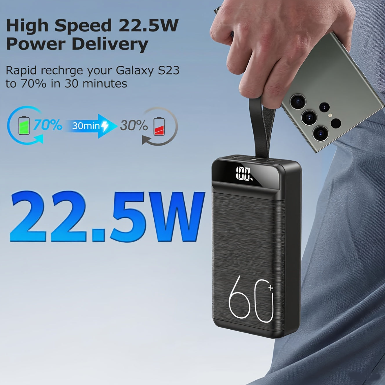 60000Mah Portable Charger Featuring 22.5W Rapid Charging, LED Screen, Six Ports, Built-In USB C Cable, And Flashlight; Compatible with PD, QC, And SCP for Iphone, Samsung, And Huawei, Ideal for Outdoor Camping And Emergency Backup