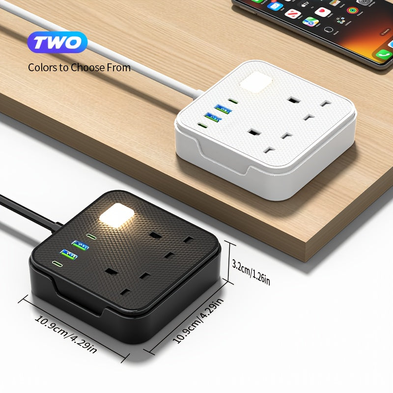 1pc a 6-In-1 Power Board Featuring a Power Socket And Power Strip, with an Extension Length of 1.8 Meters. It Includes 2 AC Sockets, Supports a Maximum Power of 3250W at 13A, And Has 2 USB Ports Along with 2 Type-C Connections. Additionally