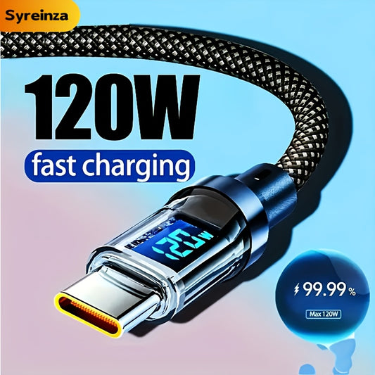 Ultra-fast 120W Charging Cable] LED Digital Display USB-A to Type-C Cable Nylon Data Sync, Compatible for Compatible Data Transfer Smart Digital Display Fast Charging Data Cable Brand Digital Display Supporting LED Screen for Real-Time Power Output