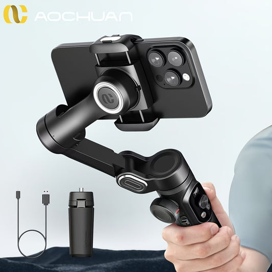 AOCHUAN Smart Xpro Smartphone Gimbal Stabilizer Featuring a Tripod, Face Tracking, Outdoor Sports VLOG Capabilities, Live Reverse Charging, Anti-Shake App, Desktop Handheld Tripod with Fill Light, LED Display for Selfies And Family Use